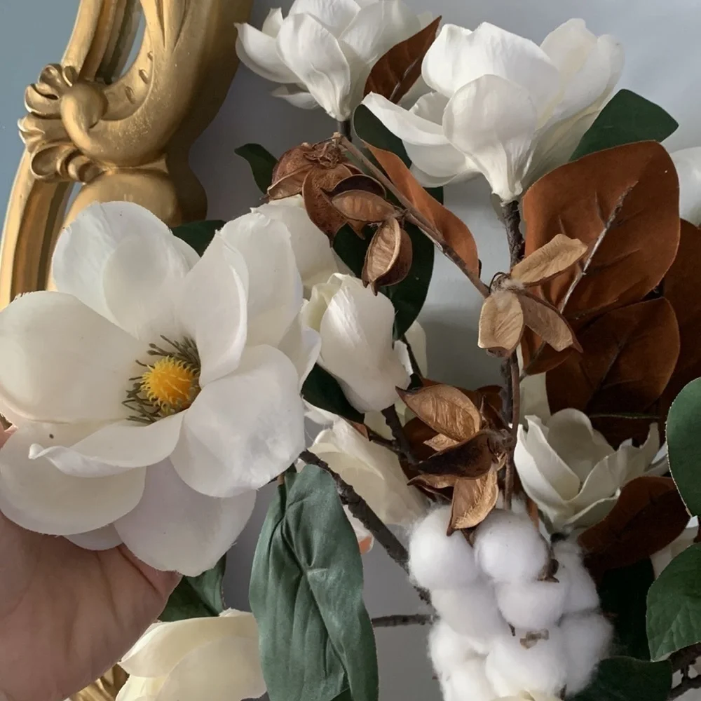 Magnolia 7‎ stems and one cotton greenery tall home decor realistic